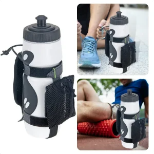 Cheqo® Hardloop Bidon 500ml - 7cm Diameter - 22cm Hoogte - Met Opbergvakje - Klittenband Verbindingen - Waterfles - Drinkfles - Handfles