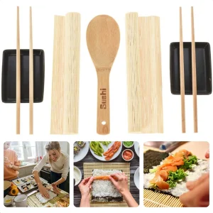 Cheqo® Sushi Set - 7 delig - Bamboe + Keramiek - voor 2 personen - 2x bordjes (10x8cm) - 1x sushilepel - 2x placemats - 2x eetstokjes - Servies - Stokjes - Voor de Echte Sushi Lover - Hoge Kwaliteit