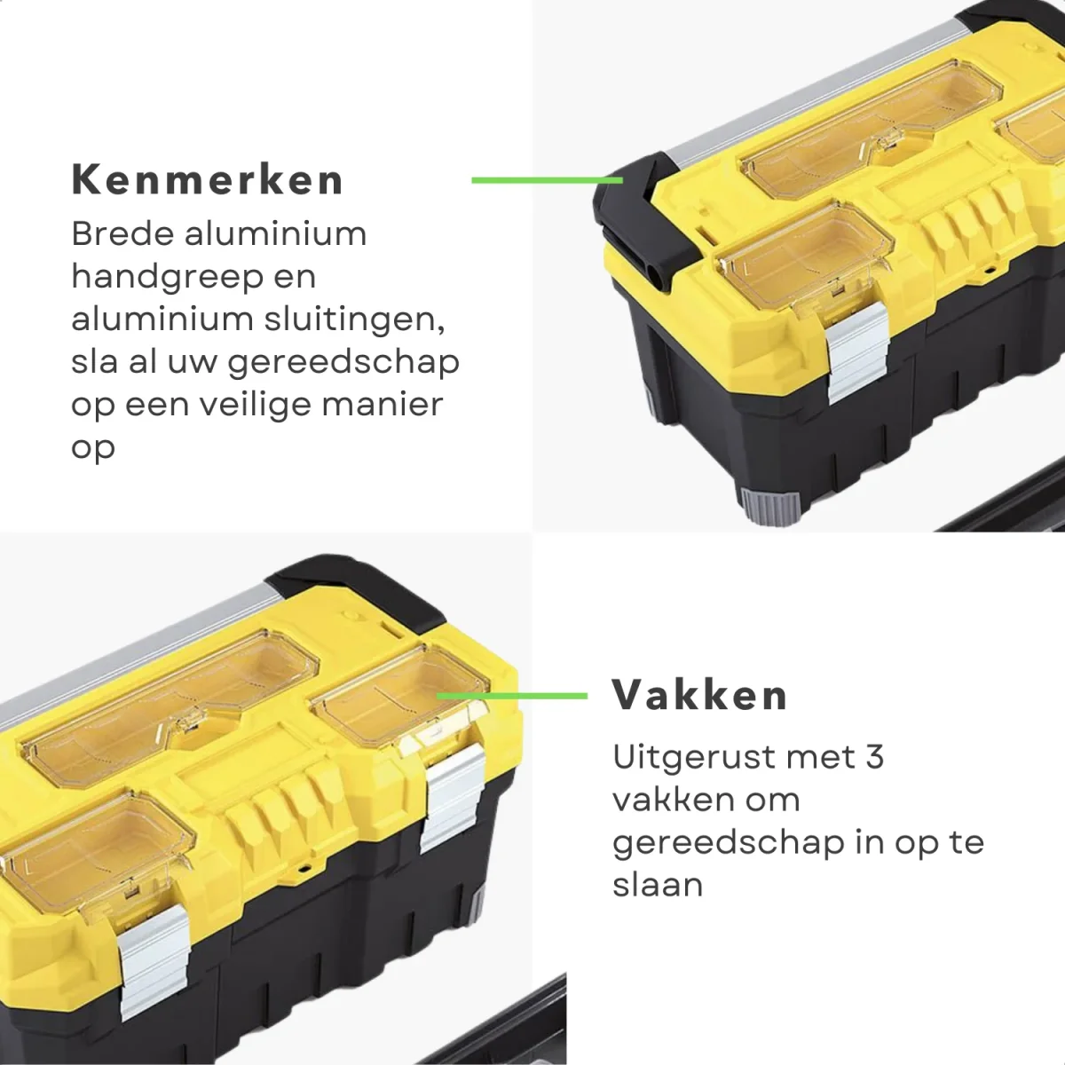 Cheqo® XL Gereedschapkoffer - Gereedschap Koffer - 55x29x27cm - Met Inzetbak - 3 Voorraadbakken - Aluminium Handgreep & Vergrendeling - Afbeelding 4