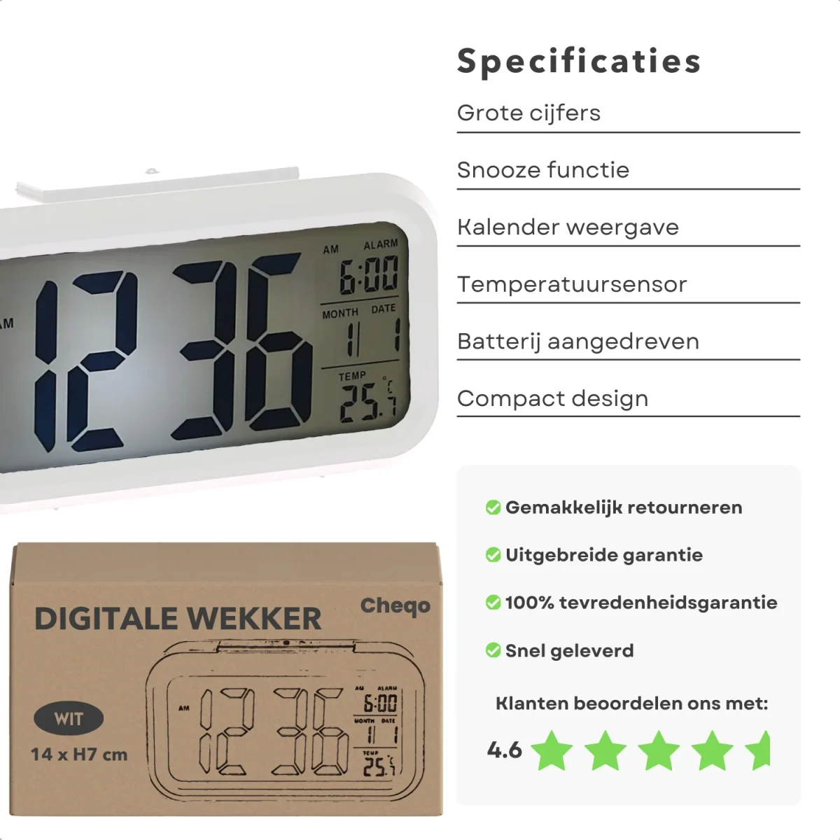 Cheqo® Digitale Wekker Zwart - Digitale Klok met Grote Cijfers - Reiswekker - LED Wekker - Alarmklok - Snooze Functie - ABS Materiaal - Wit - Afbeelding 3