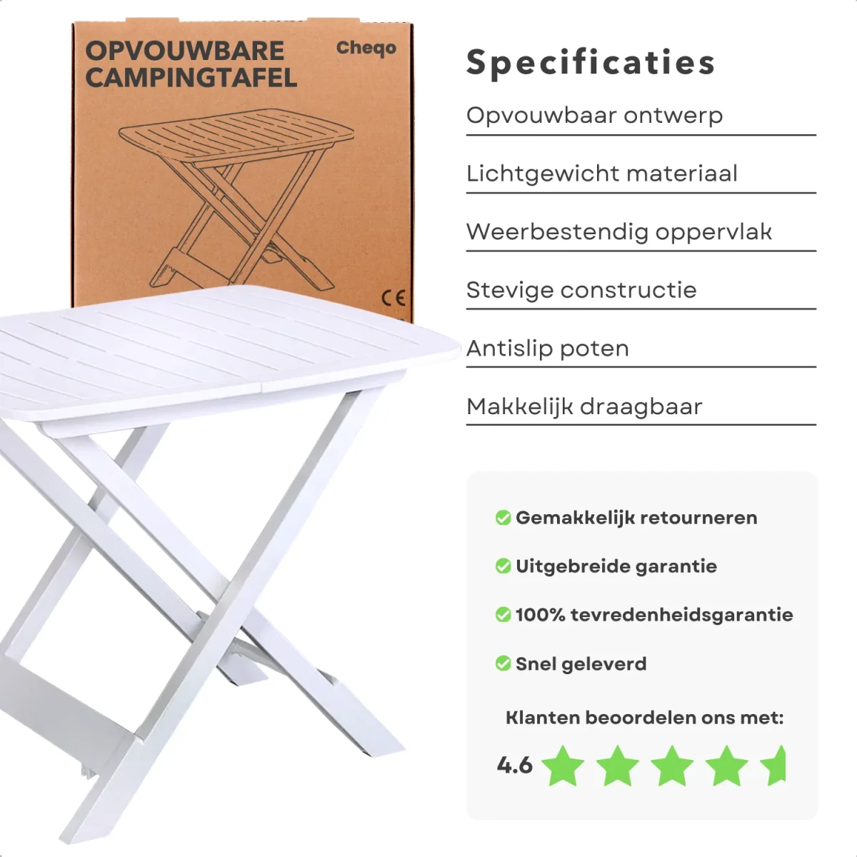 Cheqo® Campingtafel - Bijzettafel - Tuintafel - Vouwtafel Wit - Inklapbare Tafel - Lichtgewicht en Draagbaar - Inklapbare Tuintafel - Afbeelding 3