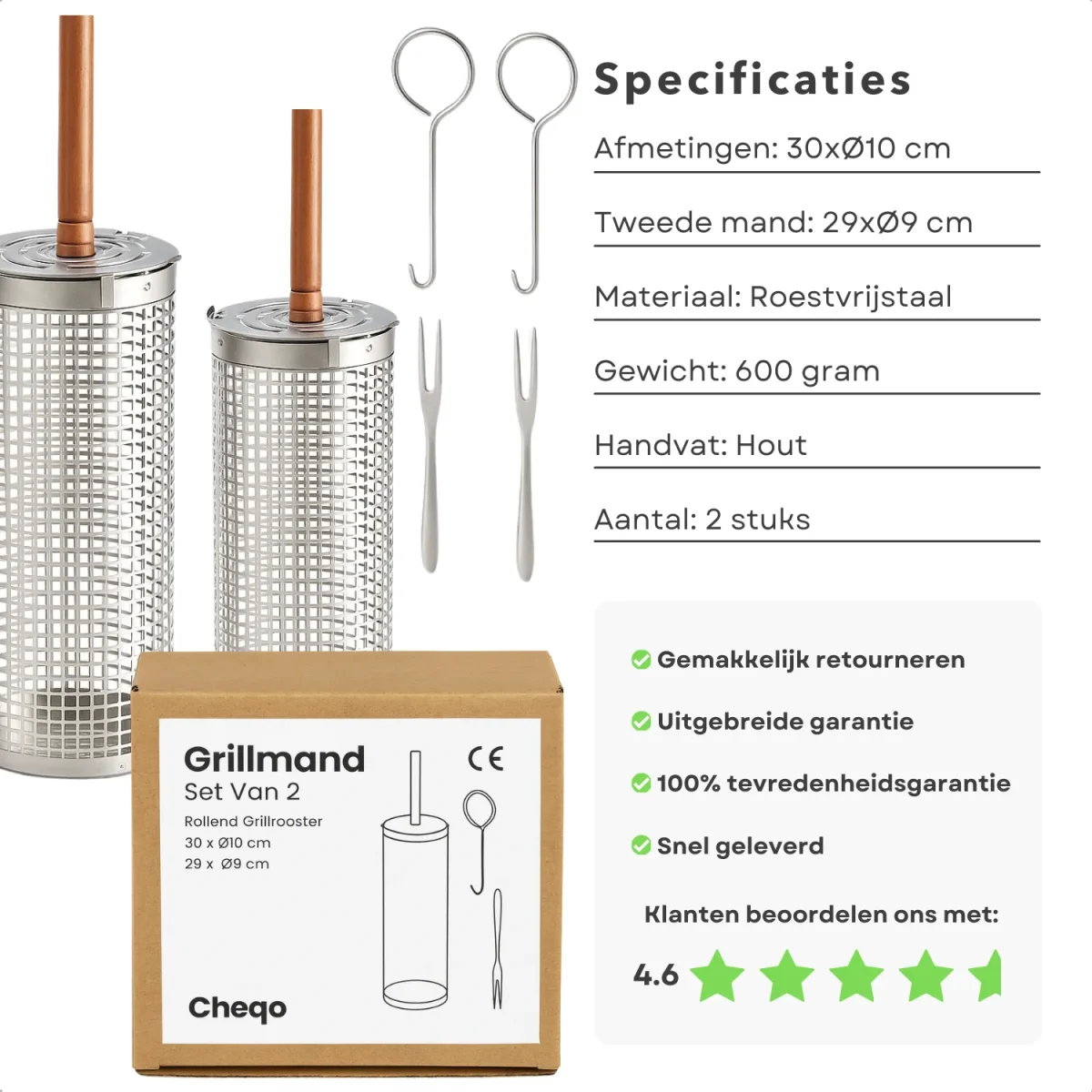Cheqo® BBQ Grillmand Set - Rollend Grillrooster - Roestvrij Staal - Barbecue Accessoires - Houten Handvat - Vlees, Vis en Groenten - Gelijkmatige Verhitting - 30 CM Grillmand - Set van 2 - BBQ Gereedschap - Cilinder Grillmand - Buiten Koken - Afbeelding 3