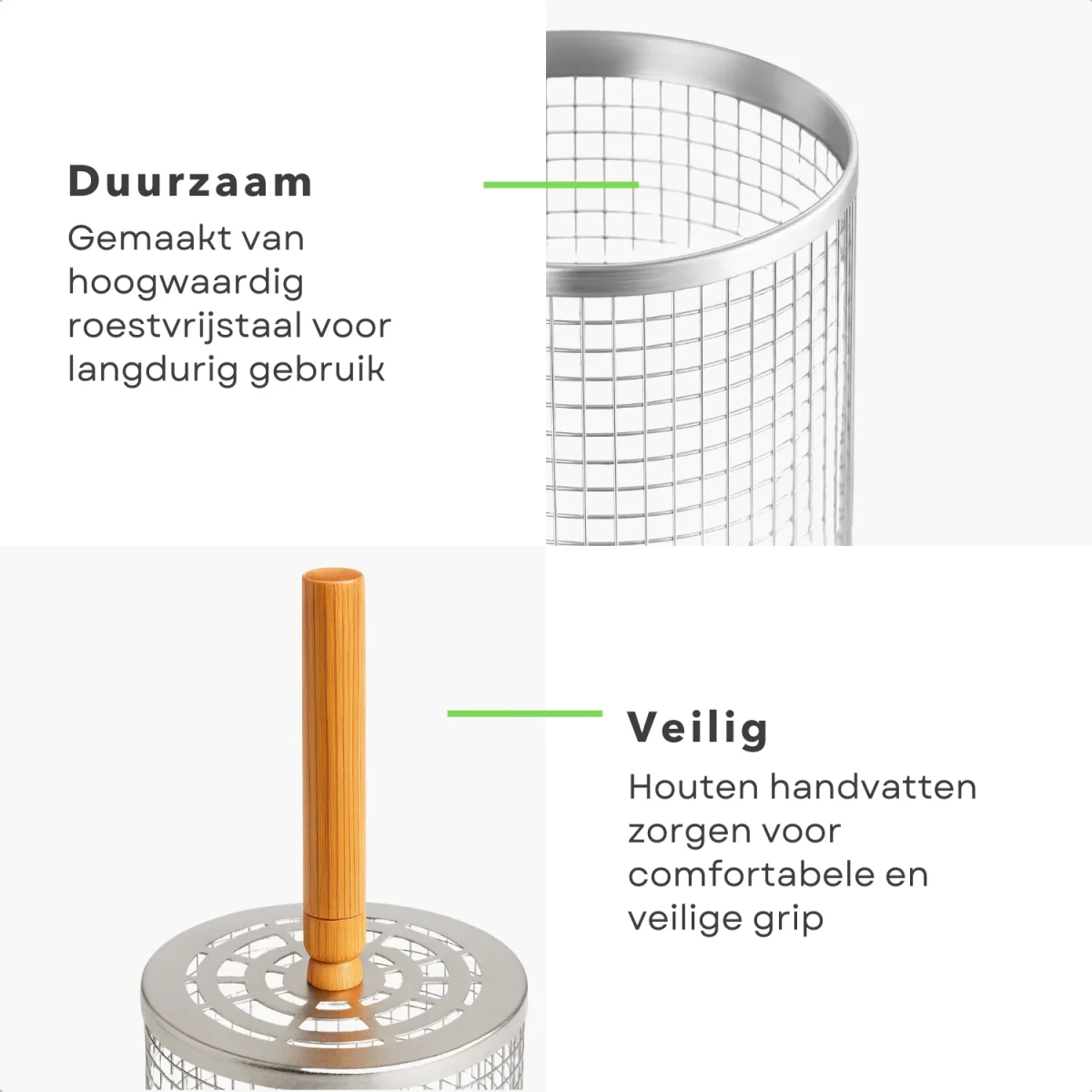 Cheqo® BBQ Grillmand Set - Rollend Grillrooster - Roestvrij Staal - Barbecue Accessoires - Houten Handvat - Vlees, Vis en Groenten - Gelijkmatige Verhitting - 30 CM Grillmand - Set van 2 - BBQ Gereedschap - Cilinder Grillmand - Buiten Koken - Afbeelding 4