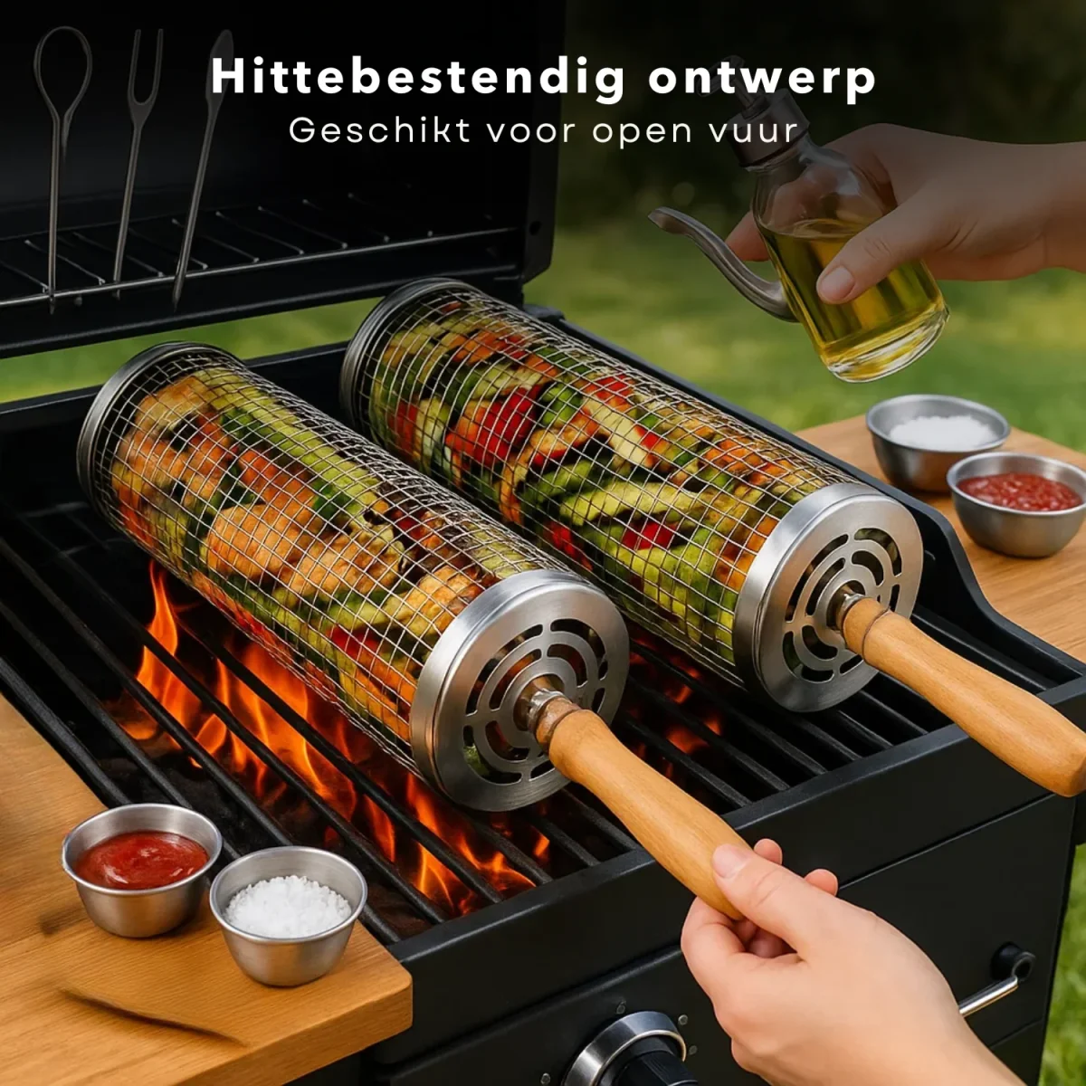 Cheqo® BBQ Grillmand Set - Rollend Grillrooster - Roestvrij Staal - Barbecue Accessoires - Houten Handvat - Vlees, Vis en Groenten - Gelijkmatige Verhitting - 30 CM Grillmand - Set van 2 - BBQ Gereedschap - Cilinder Grillmand - Buiten Koken - Afbeelding 7