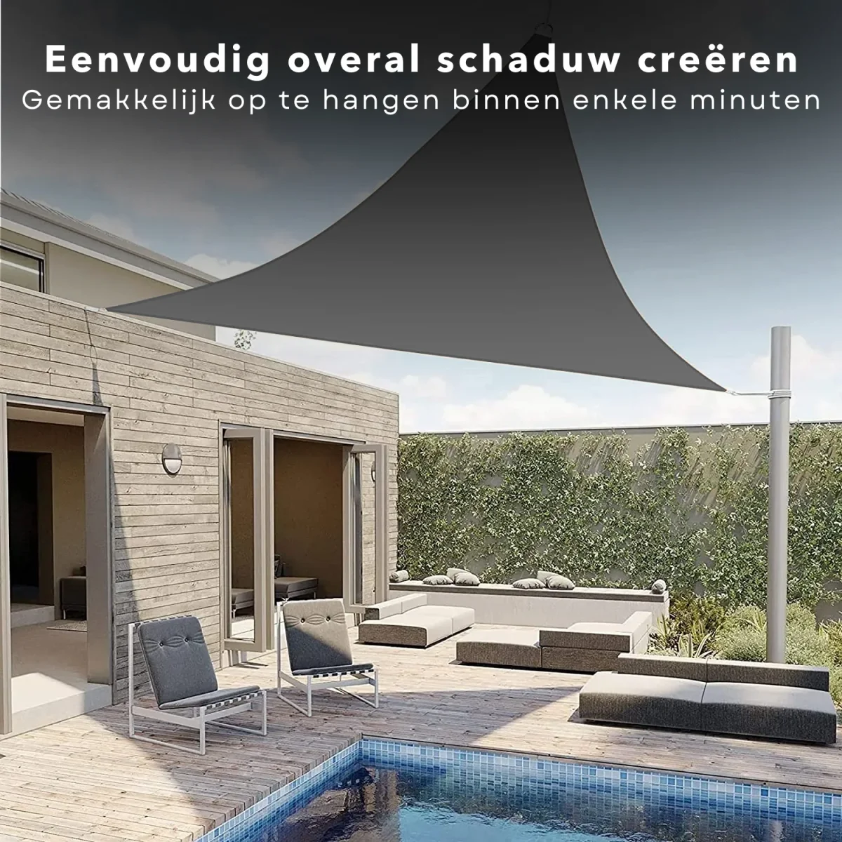 Cheqo® Schaduwdoek Driehoek 3x3x3m - Voor Tuin - Terras - Speeltuin - UV Bescherming - UPF 50+ - Incl. Touw - 100% Polyester - Zware Kwaliteit - Inclusief Draagzak - Zonwering - Schaduwnet - Waterdicht - Donkergrijs - Extra Sterk - Afbeelding 7