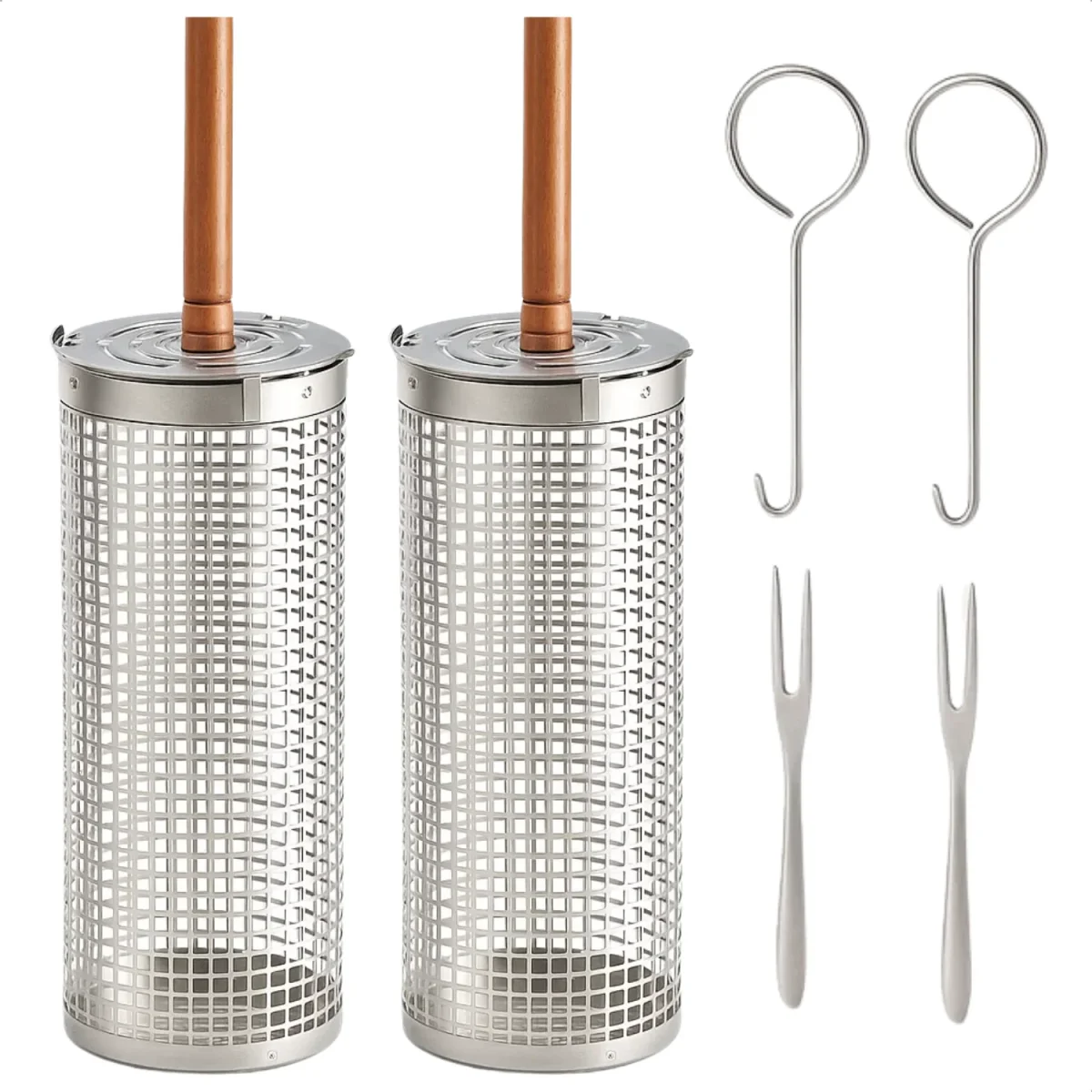 Cheqo® BBQ Grillmand Set - Rollend Grillrooster - Roestvrij Staal - Barbecue Accessoires - Houten Handvat - Vlees, Vis en Groenten - Gelijkmatige Verhitting - 30 CM Grillmand - Set van 2 - BBQ Gereedschap - Cilinder Grillmand - Buiten Koken - Afbeelding 8