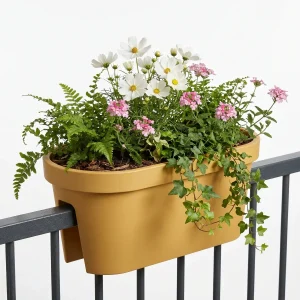 Cheqo® Balkonbak - Plantenbak voor Balkon - Bloembak - Plantenbak voor Buiten - Reling Plantenbak - Hangende Bloembak voor Balkonreling - Weerbestendige Bloembak - Plantenbak voor Tuin en Terras - Ovale Bloempot - Okergeel